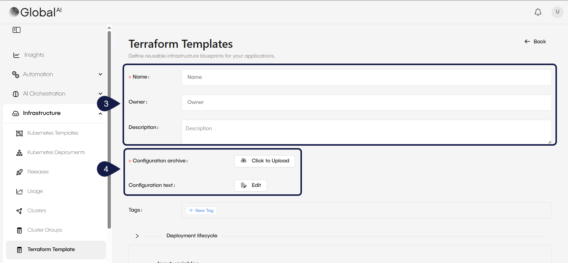 Terraform template creation form