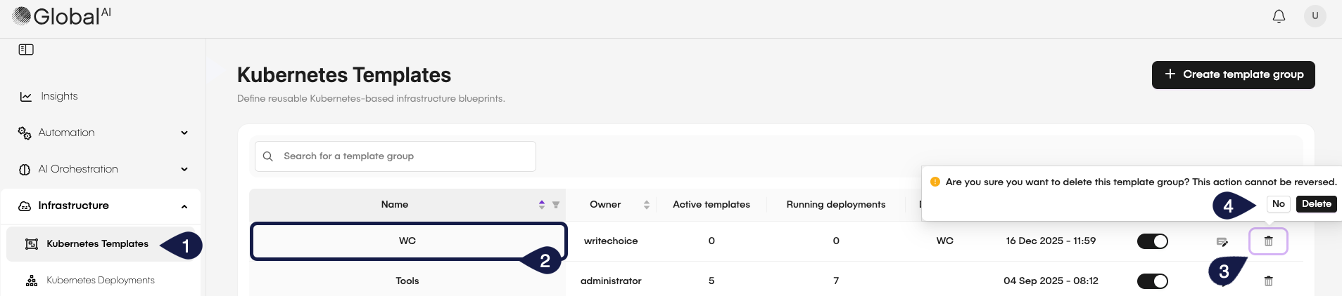 Delete Kubernetes Template Button